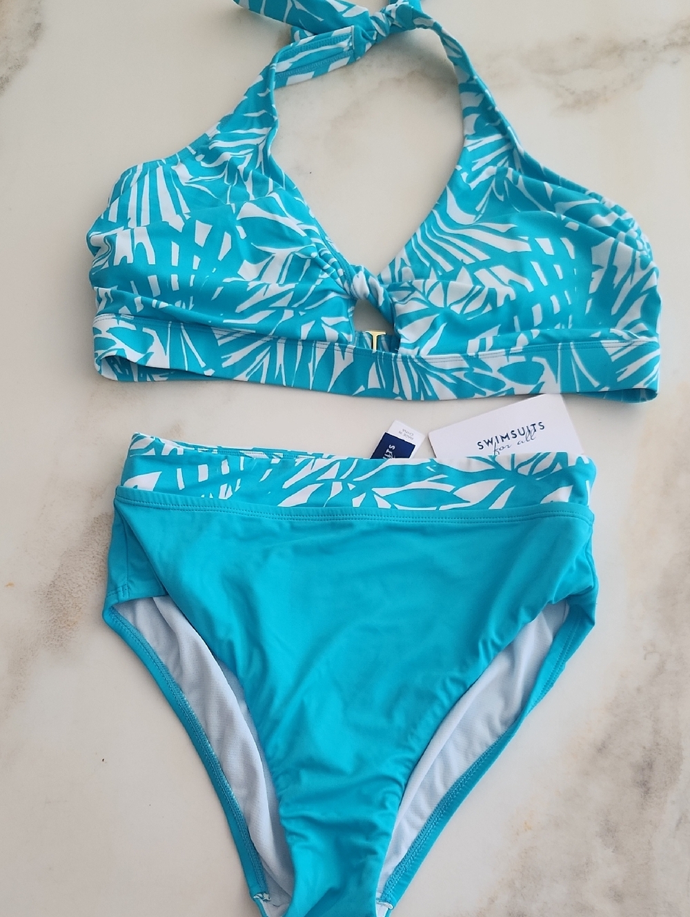 Swimsuits For All Turquoise and White Leaf-Print Bikini Set